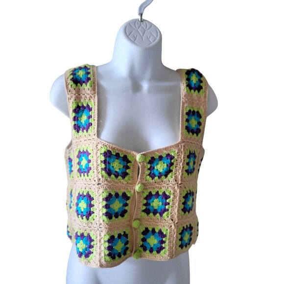 Zara Crochet Granny Square Vest Knit Top Sleeveless Boho Style -S - Picture 2 of 9